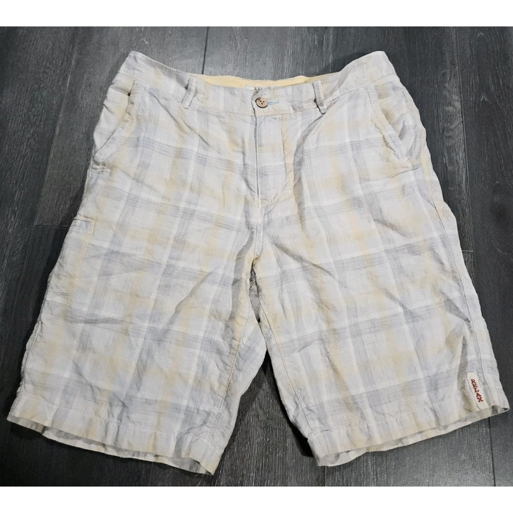 Tommy Bahama Relax 100% Linen‎ Shorts Men 32 Cream Plaid Preppy Beach Resort 10"